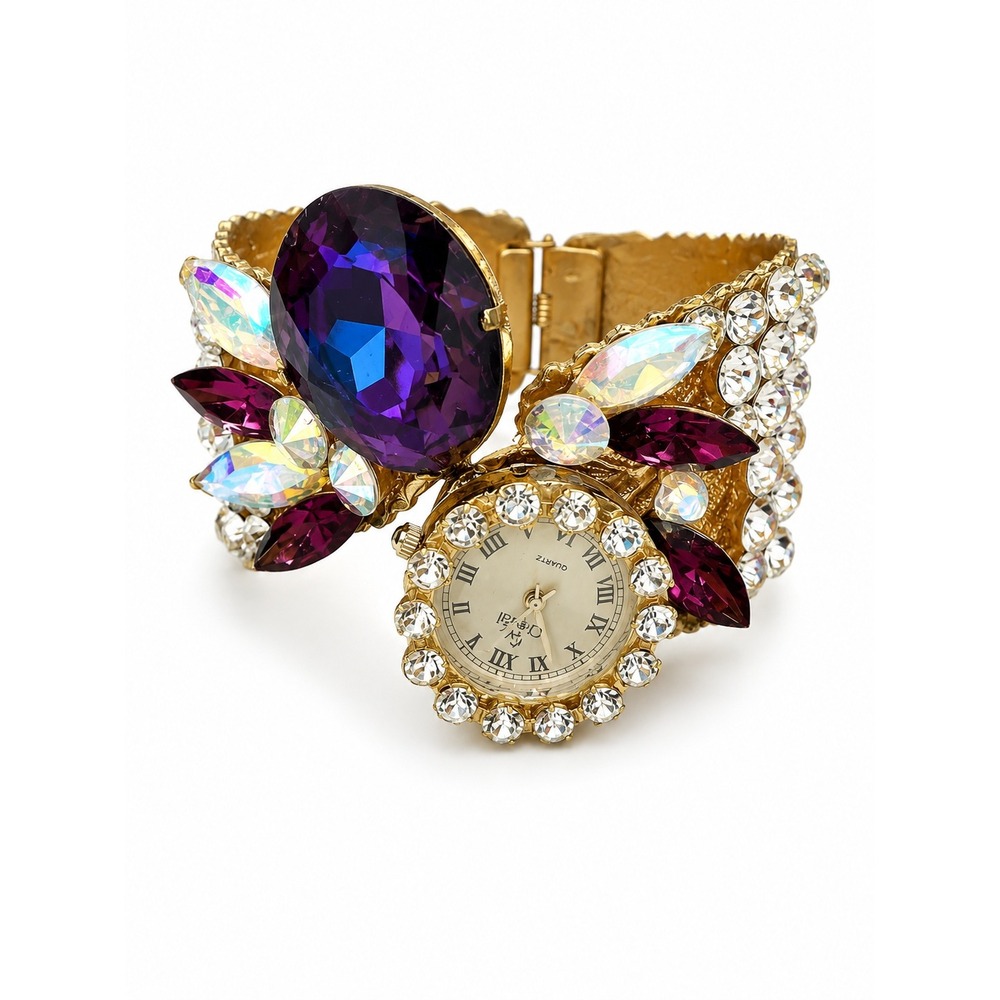 Vintage Rhinestone Cuff Watch Bracelet Purple AB Crystal Gold Tone Non Working